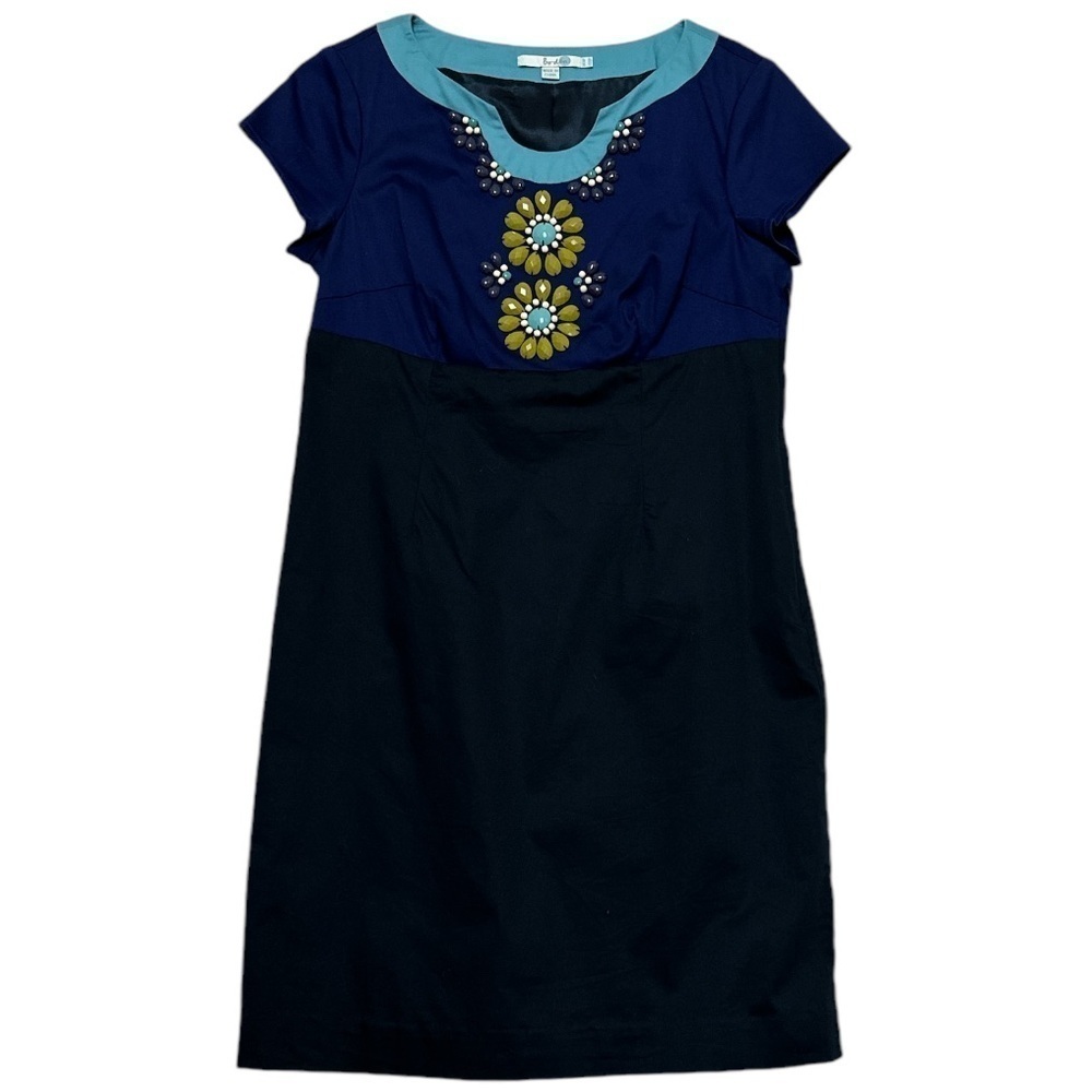 Boden Blue Color Block Floral Beaded Jewel Sheath Dress Side Zip business casual
